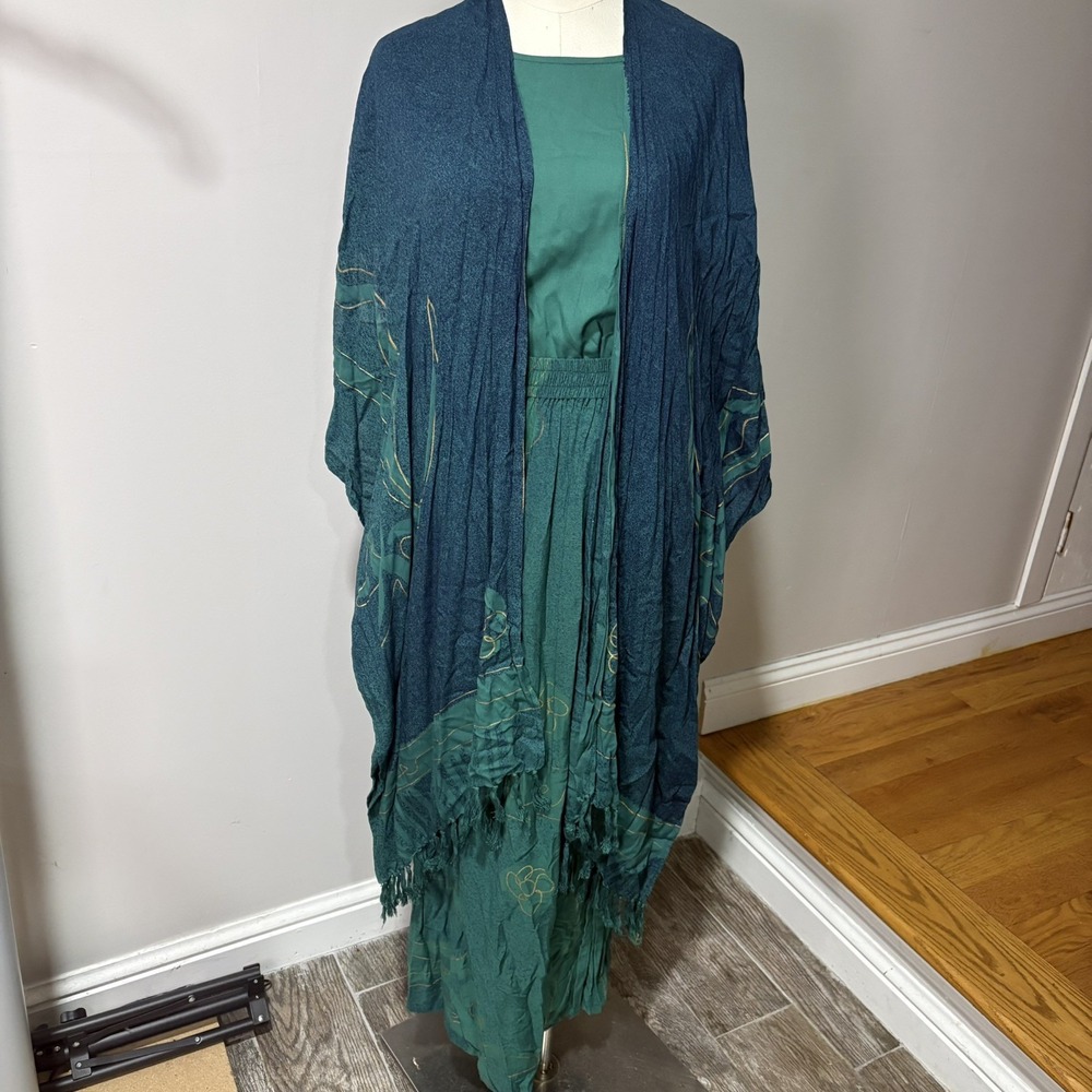 Southwest Indian Foundation Teal Rayon Fringe Kimono Maxi Skirt Blouse Set Sz S